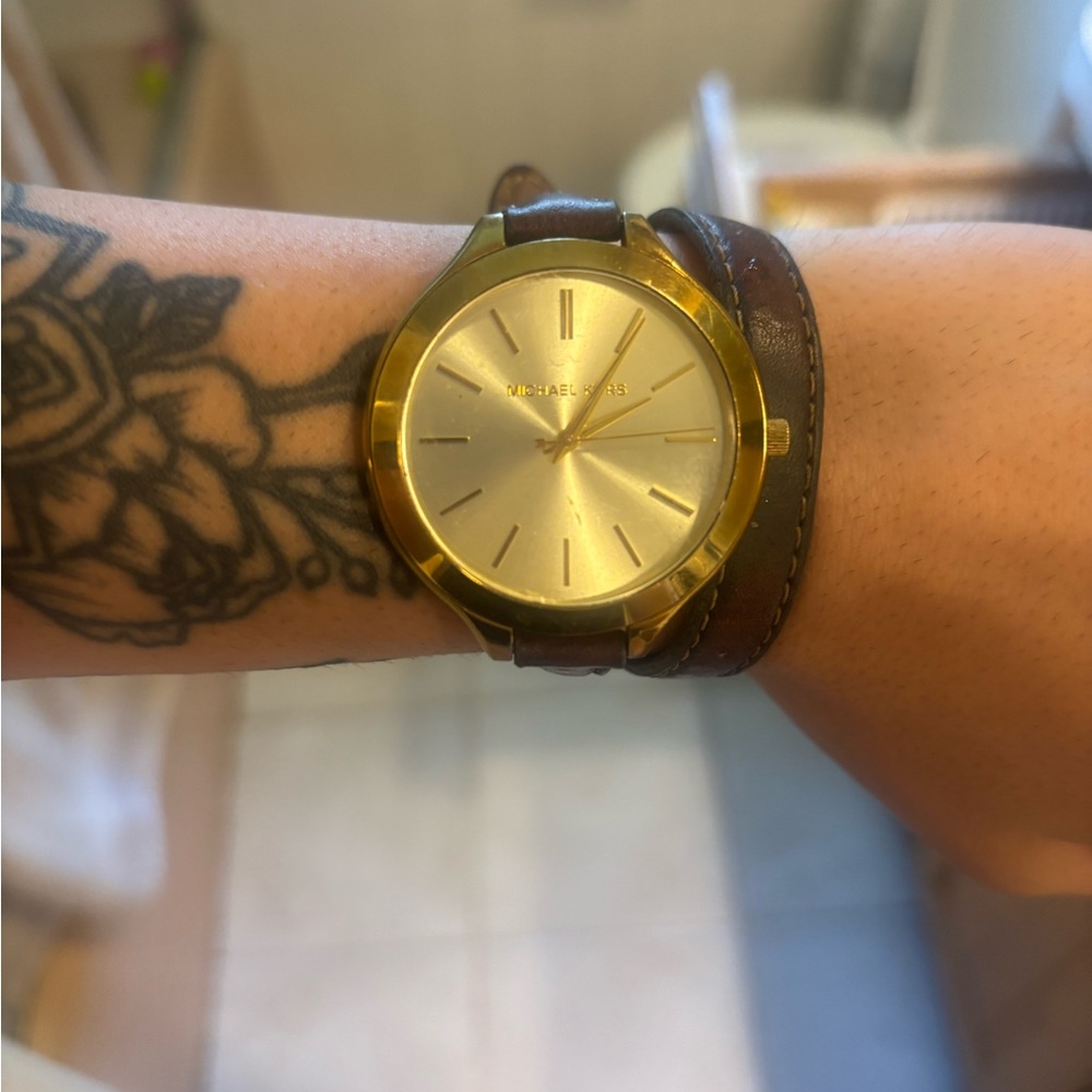 Gold Watch with Brown Leather Strap